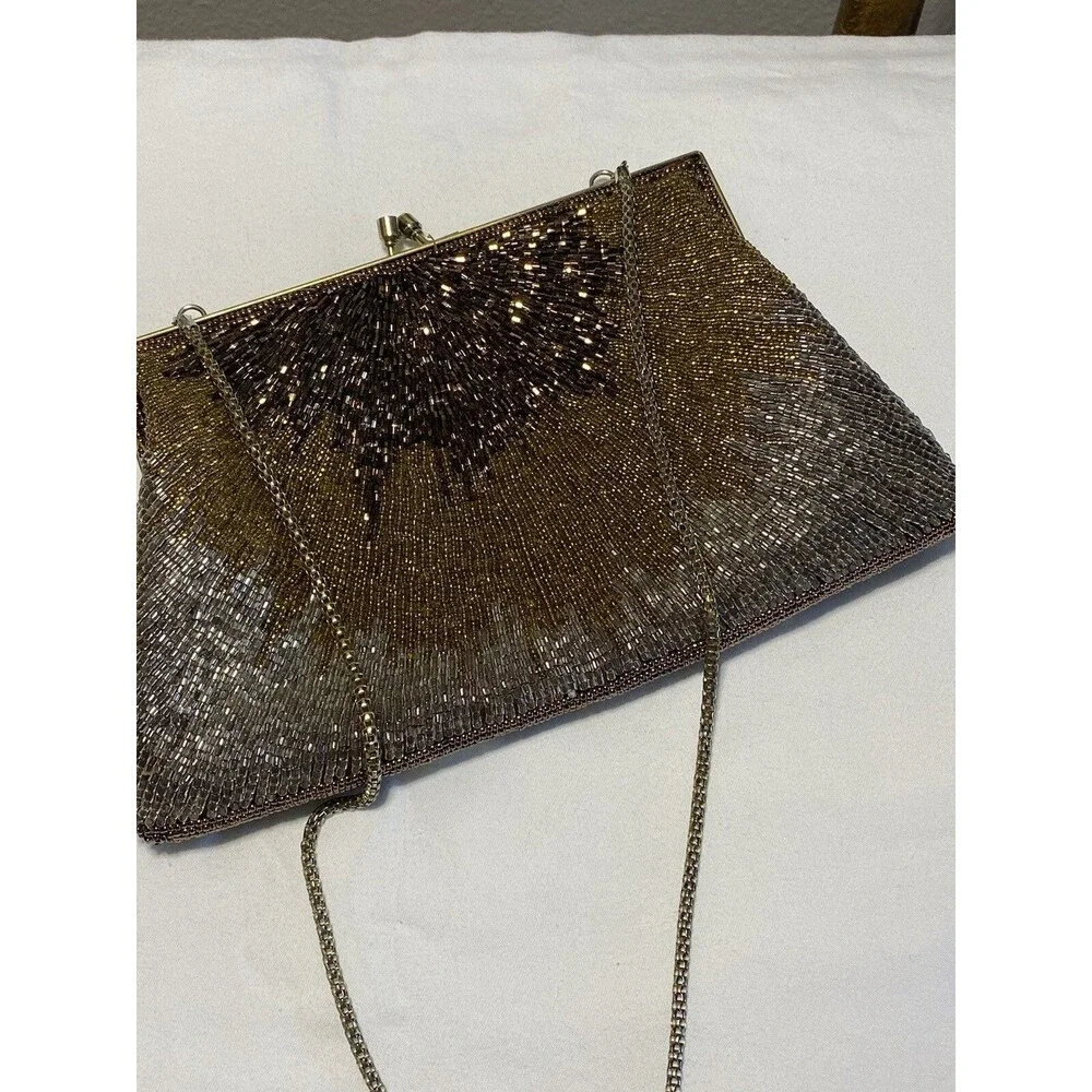 Silver, Bronze, Gold Beaded Party Purse w/Snap Kiss Closure Vintage